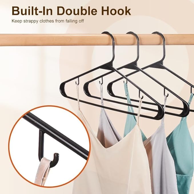 HOUSE DAY Black Plastic Hangers 30 Pack, Plastic Clothes Hangers with Built-in Strap Hooks, Space Saving Slim Hanger for Closet Organizers and Storage, Durable Clothing Hanger for Shirts Blouses Tops