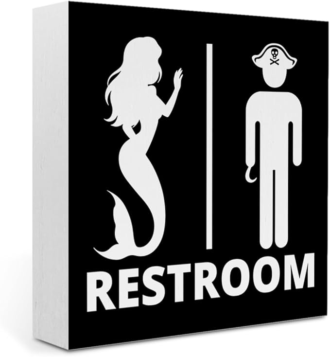 Nautical Bathroom Decor Pirate Mermaid Bathroom Decor Restroom Sign Summer Decorations Wooden Box Sign for Home Office Farmhouse Table Shelf