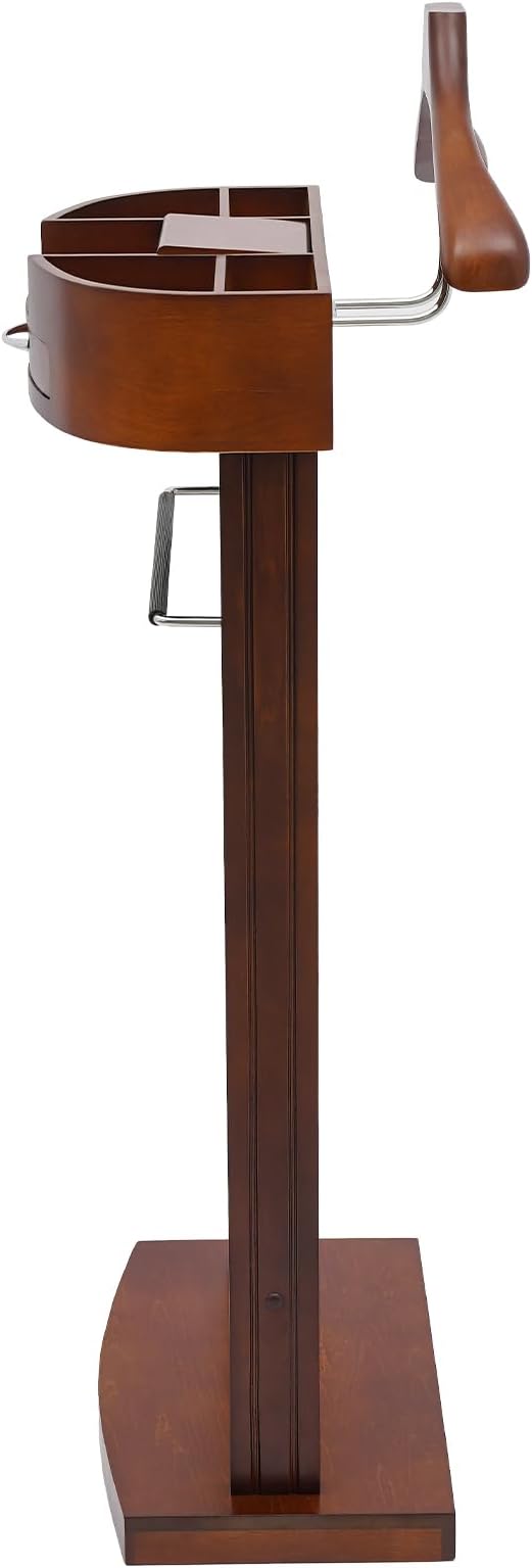 22 Lbs Capacity Wood Valet Stand, Clothes Valet Rack with Drawer Top Tray, Freestanding Clothing Stand with Contour Hanger Trouser Bar Tie & Belt Hooks and Shoe Rack, Brown