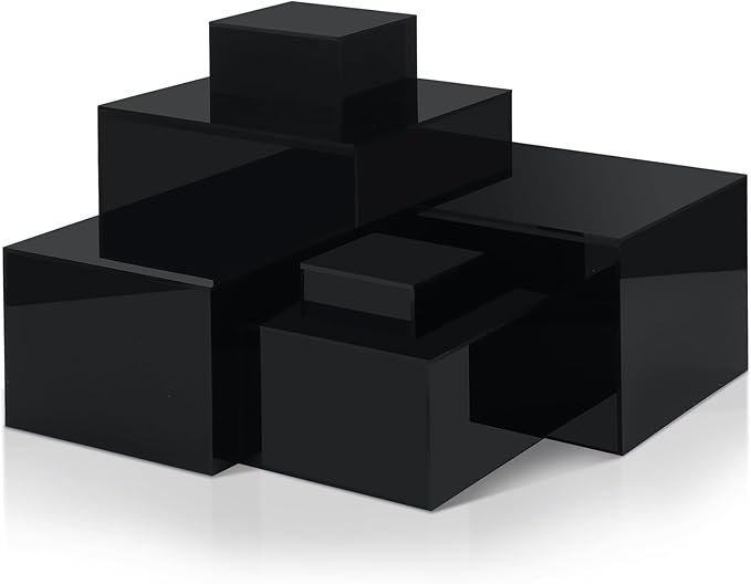 Geelin 6 Pack Acrylic Risers for Display Acrylic Cube Boxes Risers Display Stands with Hollow Bottoms Decorative Stand for Jewelry Candy Table Decor 6 Sizes(Black,3 to 8 Inch,Square)