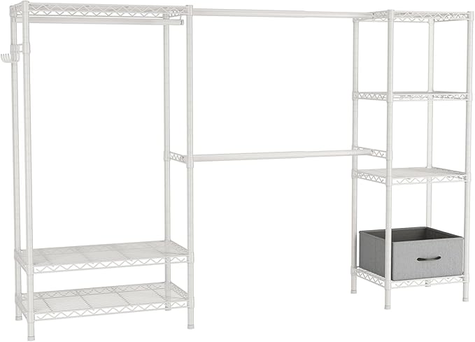 Coat Rack Clothes Wardrobe：Closet Organizer and Storage Clothing Garment Rack with Shelves Heavy Duty for Hanging Clothes Portable Adjustable White 15.8" Dx(70-88.5)" Wx76.5 H
