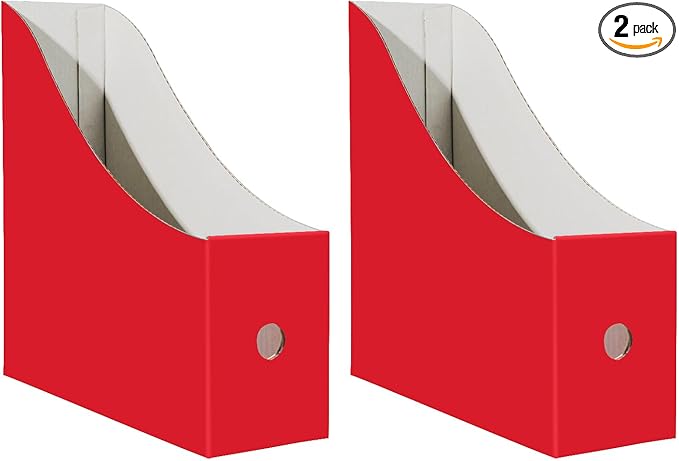 Limitliho Magazine File Folder Holder for Desk, Book Bins for Classroom Library,Office,Home, 10.6" H x 10.2" L x 3.5" W in Cardboard Paper Organizer (Red, 2 Pack)
