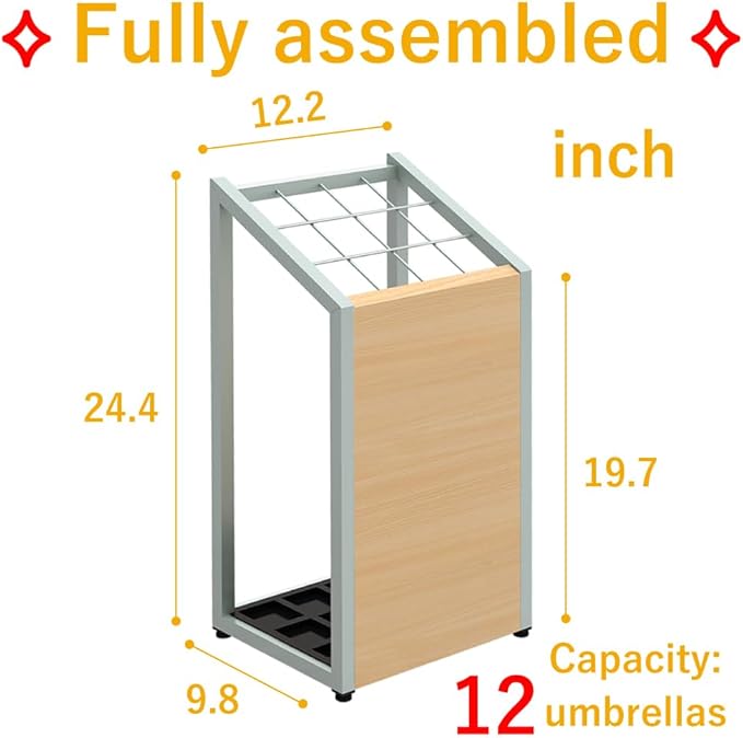 AKIRA Mid-Size Umbrella Stand for 12-Umbrellas Modern Natural Wood Grain & Gray Metal Entryway Organizer Rack Holder for Office or Lobby, Model US-US-0325-GYNA