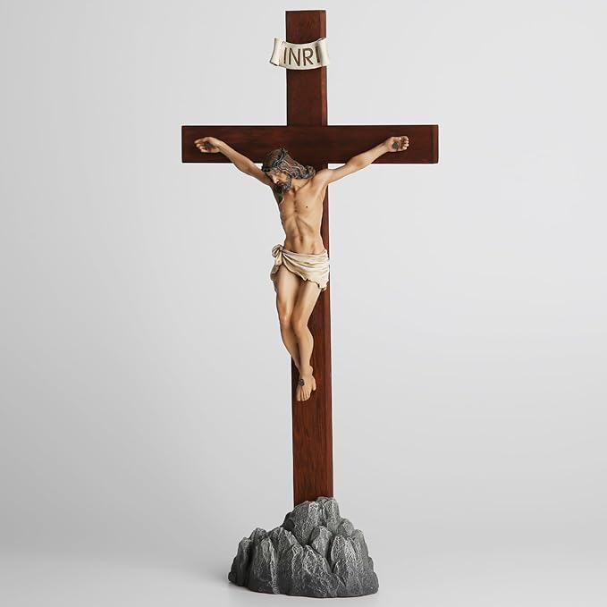 Crucifix Standing - Hand Painted Wooden Cross Table Decor, Standing Jesus Cross Catholic Home Decor Religious Gifts 15 Inch