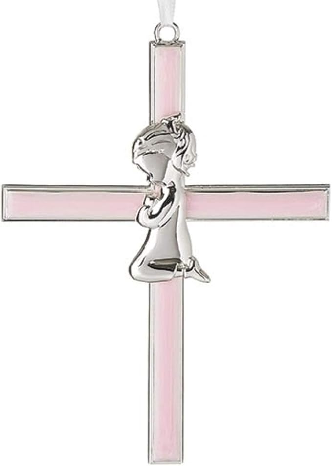 Roman Girl Kneeling to Pray Soft Pink and Silver 6 inch Zinc Alloy Metal Wall Cross