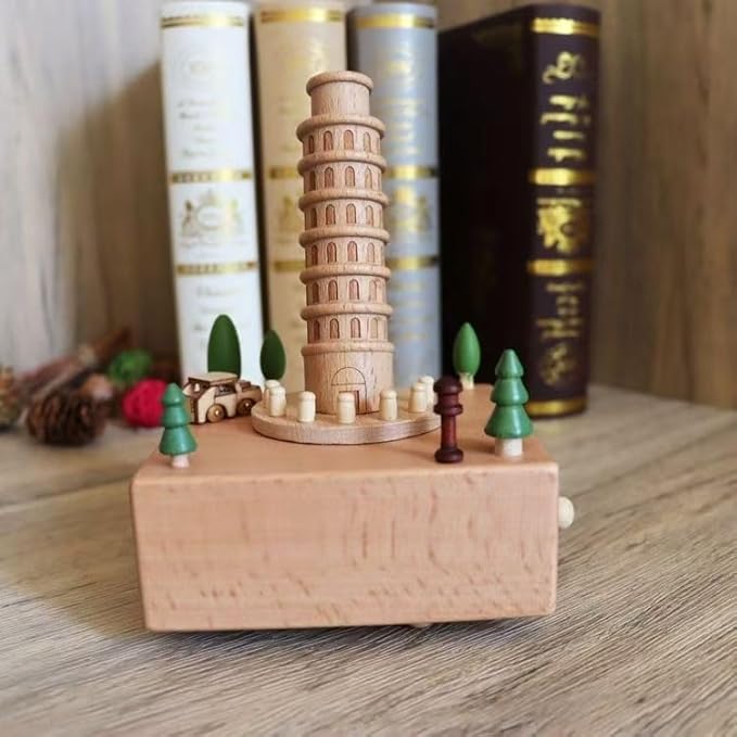 Natural Solid Wood Handcrafted Beech Wooden, Musical FigureTotoro/Carousel/Fairy/Ballerina Figurine,Rotating Hand Crank Mechanism Music Box,Musical Decorations (Leaning Tower of Pisa)