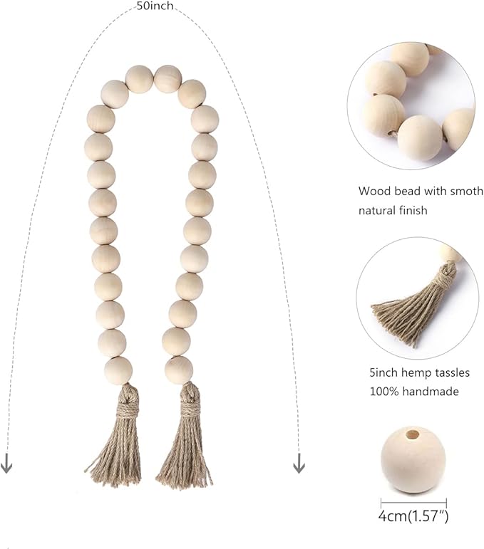 Farmhouse Decor Large Wood Bead Garland 50inch long with 1.6" Diameter beads, Natural Wooden Beads Decor with Tassels Decorative Boho Country Decoration for Coffee Table Home Tiered Tray Wall Hanging