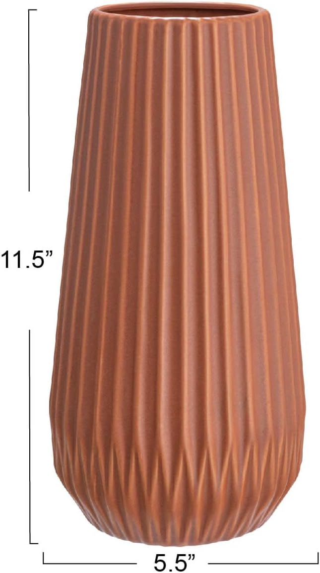 Bloomingville Round Stoneware Fluted Vase with Embossed Lines, Matte Terracotta