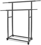 Fishat Black Simple Standard 2 Double Rod Clothing Metal Garment Rack for Hanging Clothes, Rolling Clothes Organizer with Mobile Lockable Wheels