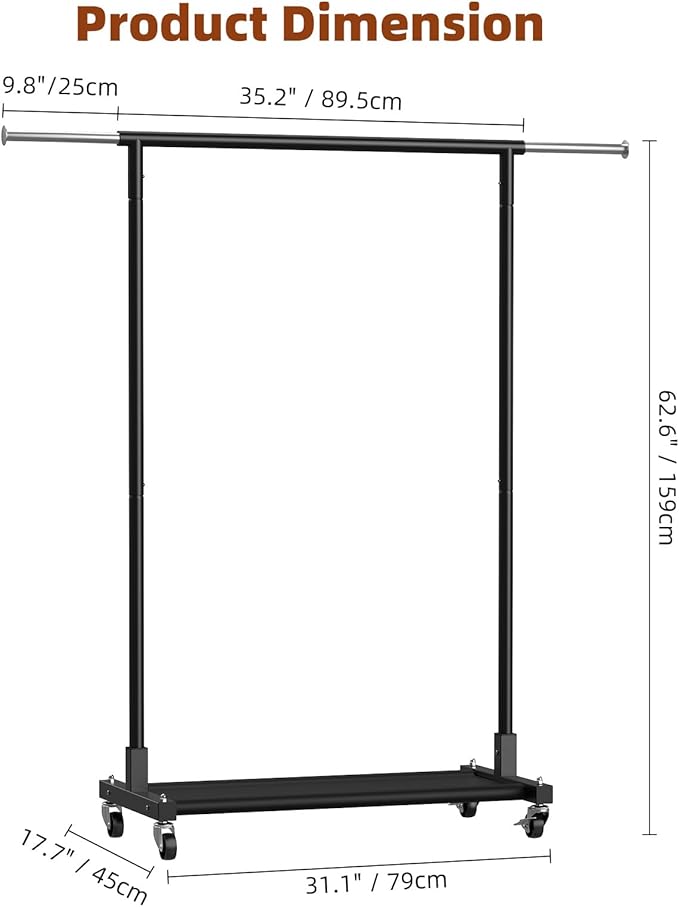 Luxspire Clothes Rack with Lockable Wheels, Simple Clothing Garment Rack with Storage Shelves, Hanging Racks for Clothes with Single Rods for Laundry Room, Balcony, Bedroom, Bathroom, Black