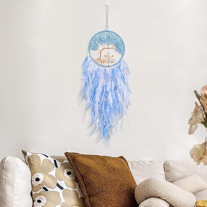 Pretty Jolly Double Tree of Life Dream Catcher Wall Decor with Healing Crystal Stone Handmade Cyan Blue White Feather Dream Catchers Decoration Wall Hanging Bedroom Room Wedding Party Wish Gift-25.6"
