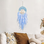 Pretty Jolly Double Tree of Life Dream Catcher Wall Decor with Healing Crystal Stone Handmade Cyan Blue White Feather Dream Catchers Decoration Wall Hanging Bedroom Room Wedding Party Wish Gift-25.6"