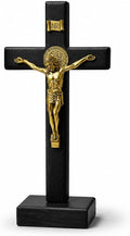 PHYUKEY St. Benedict Standing Crucifix 10.75in, Wooden Wall Cross with Golden Alloy Jesus Christ & INRI, Catholic Tabletop Crucifix with Detachable Stand - Confirmation & Home Altar Decor