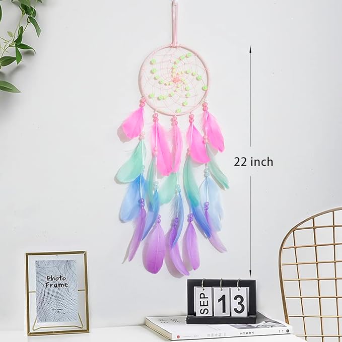 Luminous Dream Catchers for Girls, Handmade Pink Feather Native Wall Decoration