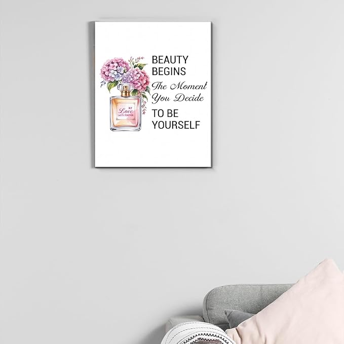 Inspirational Pink Flower Wall Art Decor for Powder Room Bedroom Bathroom, Motivational Quotes Wall Decor Canvas Painting Pictures Artwork Gift for Women Teens (11.5 X 15 Inches, Framed)