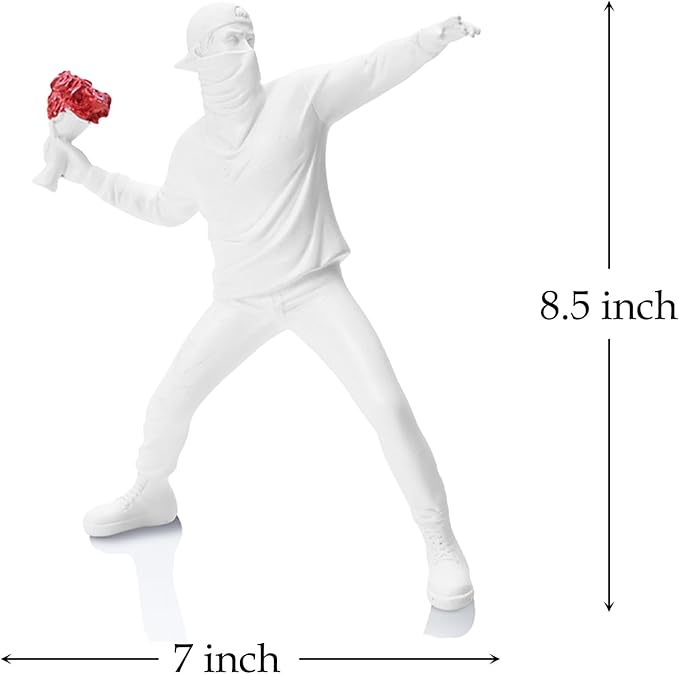 Banksy Flower Thrower Sculpture, 8.5 inch White Banksy Street Graffiti Art Statue Replica, Inspirational Sculpture Gifts Peace Hope