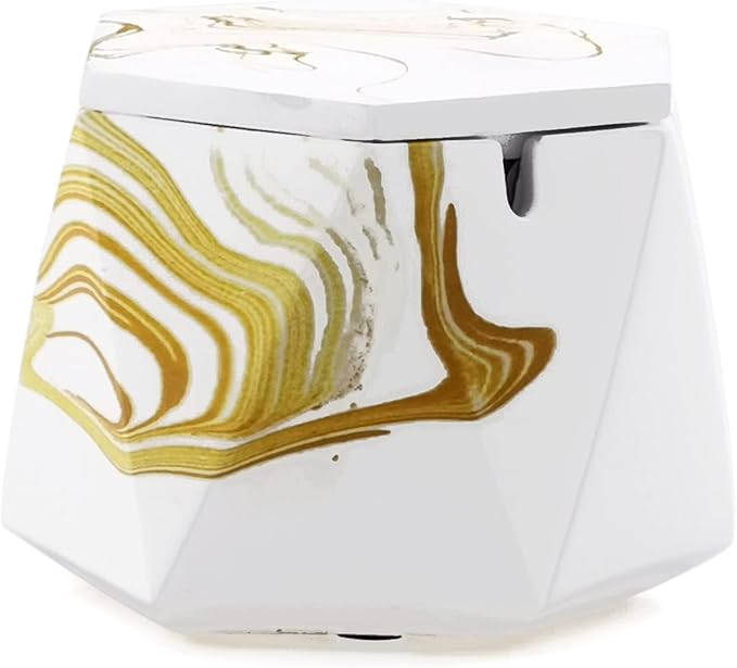 FREELOVE Concrete Ashtray with Lid & Stainless Steel Ashtrays for Cigarettes, Cement Ash Tray Smoking Holder Indoor Smokeless Outdoor Windproof Patio Home Office Cool Decor(Gold Marble, Large)