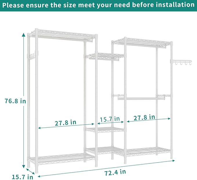 Heavy Duty Garment Rack, Portable Wardrobe Clothes Rack Freestanding Adjustable Clothing Rack with 7 Tiers Adjustable Wire Shelving and 4 Hanger Rods, Max Load 920LBS, White