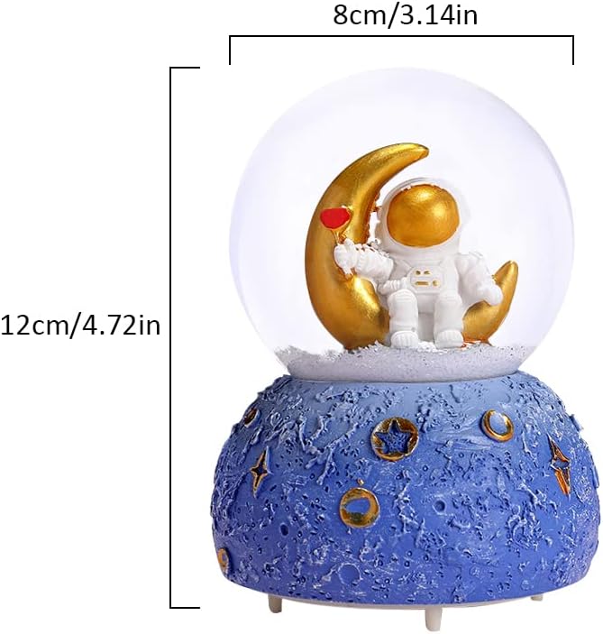 Astronaut Snow Globe Music Box, 80MM Musical Glitter Snow Globe with Color Changing LED Lights, Home Decor Birthday Gifts for Men Women Boys and Girls (Gold)