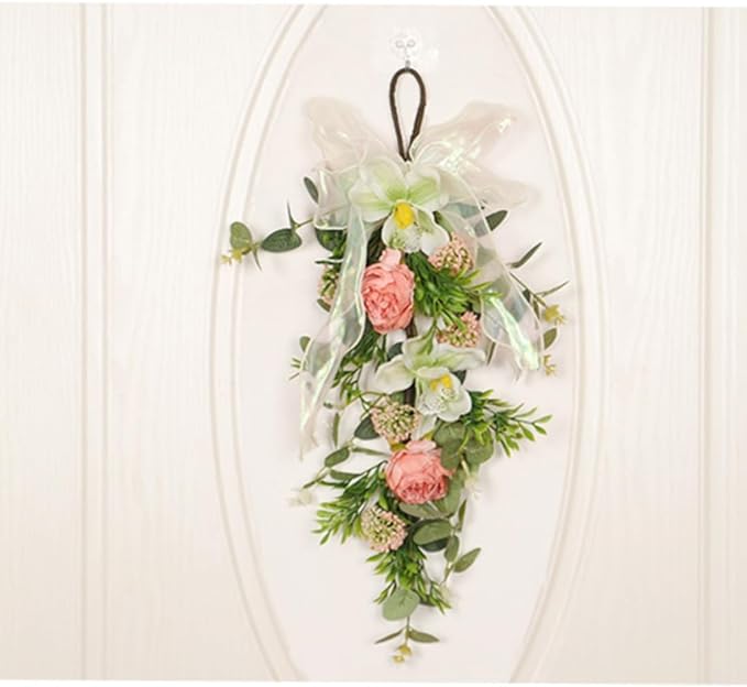20'' Spring Wreath Swags for Front Door Artificial Lily Camellia Teardrop Swags Eucalyptus Summer Floral Hanging Swags for Farmhouse Wedding Cabinet Home Outdoor Decor (Multicolor)
