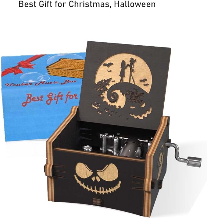 Ucuber Before Christmas Music Box, Engraved Mini Wood Music Box Gift, Melody This is Halloween, Home Decor for Halloween Valentines Christmas Boys and Girls