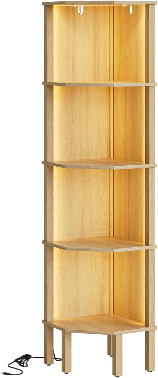 Corner Shelf Stand, 5 Tier Corner Bookshelf with Light,Corner Furniture for Bedroom Display Corner Shelf for Small Space,Wood Shelves with Storage Rack for Living Room,Office,Oak