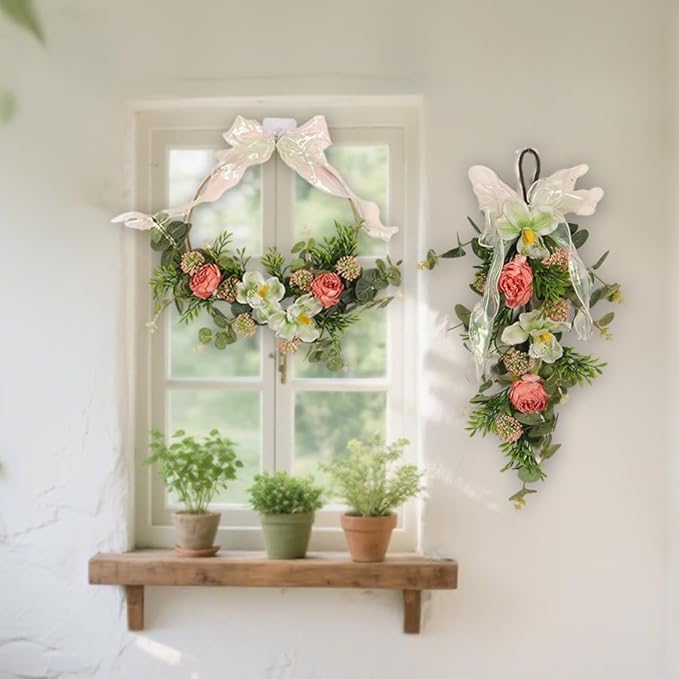 20'' Spring Wreath Swags for Front Door Artificial Lily Camellia Teardrop Swags Eucalyptus Summer Floral Hanging Swags for Farmhouse Wedding Cabinet Home Outdoor Decor (Multicolor)