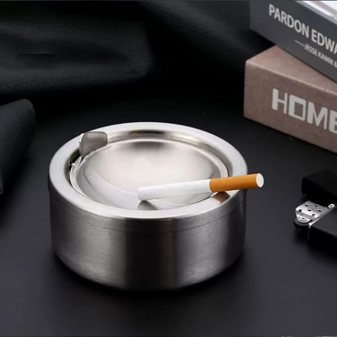 Nescope Stainless Steel Windproof Ashtray with lid Flip Top Ashtray for Indoor or Outdoor Use Ash Holder for Smokers Desktop Smoking Ashtray Home Office Decoration Classic Metal a Lid Ashtreys