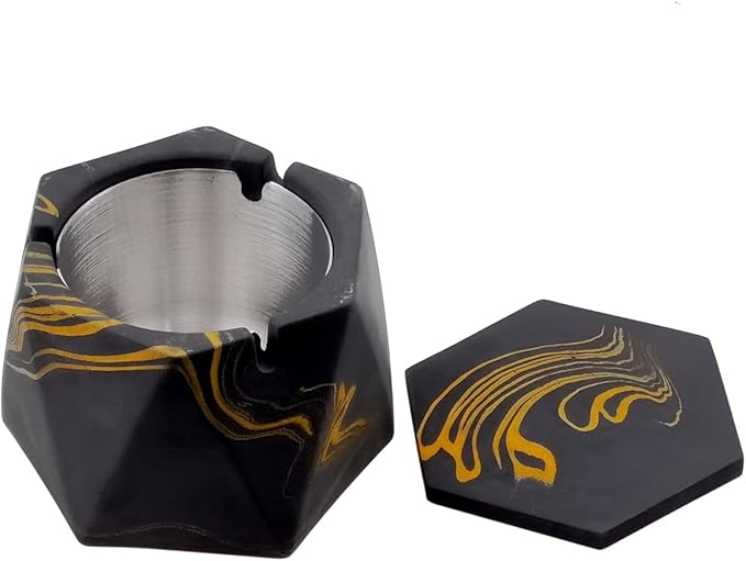 FREELOVE Concrete Ashtray with Lid & Stainless Steel Ashtrays for Cigarettes, Cement Ash Tray Smoking Holder Indoor Smokeless Outdoor Windproof Patio Home Office Cool Decor(Black-Gold, Large)