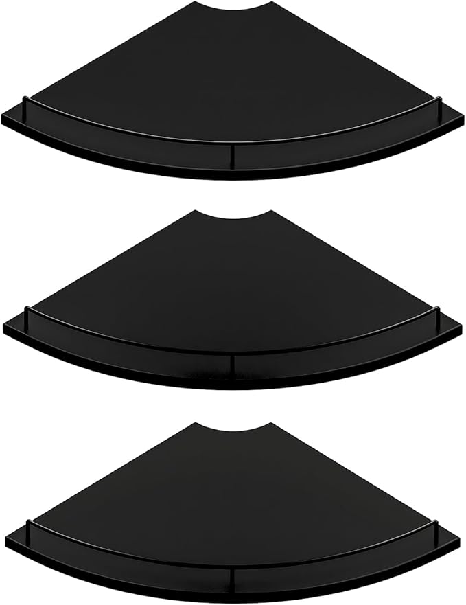 JJL Corner Shelf with Rails, 3-Tier Fan-Shaped Floating Corner Shelf Wall Mounted, 12 Inch Black Rustic Wood Heavy Duty Wall Storage for Bathroom Kitchen Living Room Bedroom