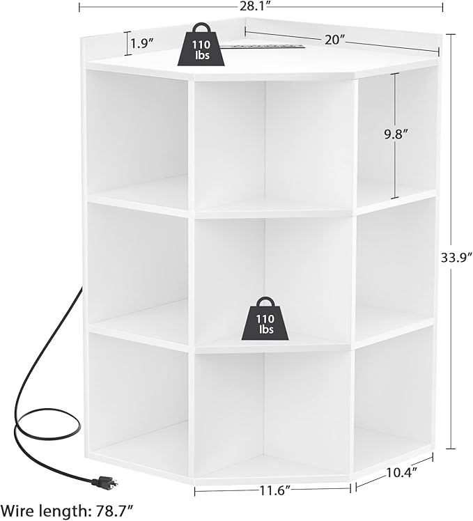 Aheaplus Corner Cabinet, White Corner Storage with USB Ports and Outlets, Corners Cube Toy Storage for Small Space, Wooden Cubby Corner Bookshelf with 9 Cubes for Bedroom, Living Room, Office, White