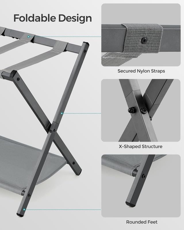 SONGMICS Luggage Rack for Guest Room, Suitcase Stand with Storage Shelf, Steel Frame, Foldable for Easy Storage, Hotel, Bedroom, Slate Gray URLR003G01