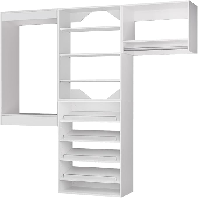ROOMTEC Modular Closet System, 66" Wall Mounted Modern Closet Organizer with Hanging Rods and Shoe Shelf, Wooden Tower for Walk-In Closets, Wardrobe Storage Kit, White