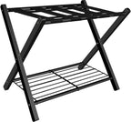 mocomax 1 Pack Folding Luggage Rack for Guest Room, Foldable Suitcase Stand Holder with Metal Storage Shelf for Bedroom, Living Room, Hotel Essentials, Heavy Duty Steel Frame, Black