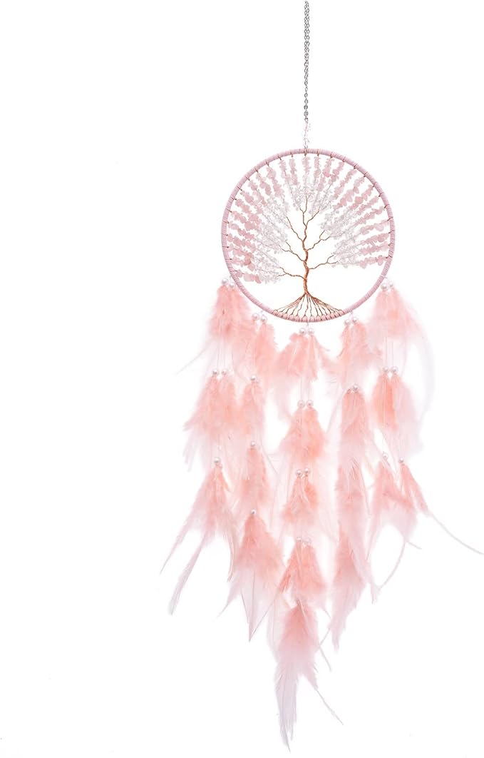 Pretty Jolly Pure Pink Tree of Life Dream Catcher Wall Decor with Healing Crystal Stone Handmade Feather Dream Catchers Decoration Wall Hanging Bedroom Living Room Wedding Party Home Decor-25.6"