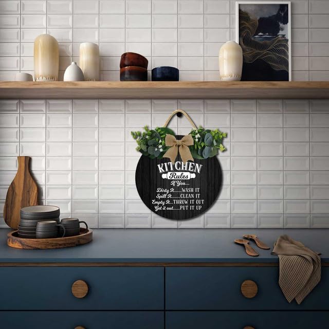 Kitchen Signs Wall Decor,Kitchen Rules Rustic Round Wooden Sign,For Home, Office, Store Or Restaurant