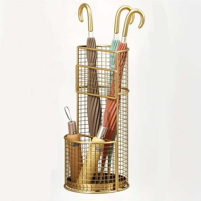 Metal Hollow Drain Rack, Freestanding Umbrella Stand Rack, Umbrella Stand with Water Tray, Multipurpose Umbrella Holder for Entrance, Office(Gold)