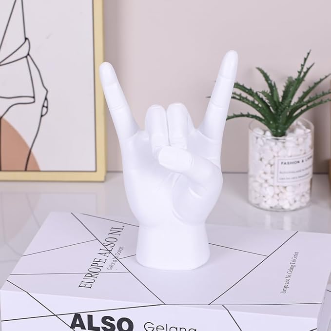 QIANLING 7.7" White Resin Rock On Hand Gesture Statue - Rock Culture Music Lovers' Decorative Tabletop Sculpture for Bookshelf, Desk & Mantel Decor in Home or Office, Modern Symbolic Figurine