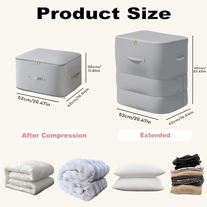 Ultra Space Saving Self Compression Organizer, 3-Layer Zipper Large Capacity Storage Bag, Thick Satin Fabric Heavy Duty Bags for Comforters Blankets Bedding Duvet (Gray, X-Large, 3PCS)