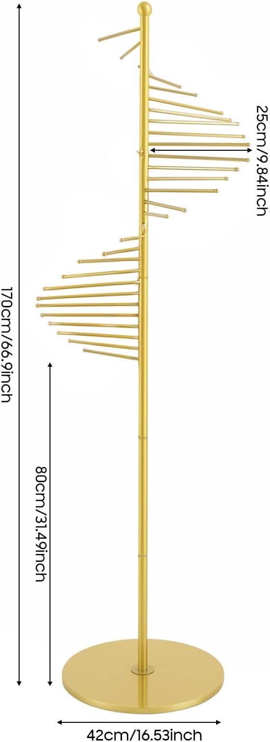Freestanding Scarf Display Rack, Metal Spiral Scarf Holder with 30 Rods, Hijab Stand Belt Pants Hanger Organizer for Locker Room, Home, Office, Commercial Shopping Mall, Clothing Store (17X67in Gold)