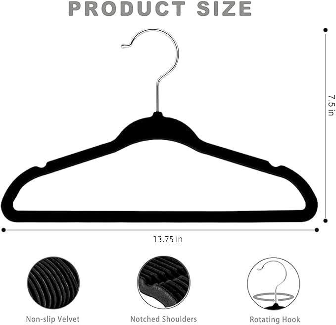 BAGAIL 50 Pack Kids Velvet Hangers 14 Inches Children's Clothes Hangers Non-Slip Baby Hangers for Infant/Toddler (Black)