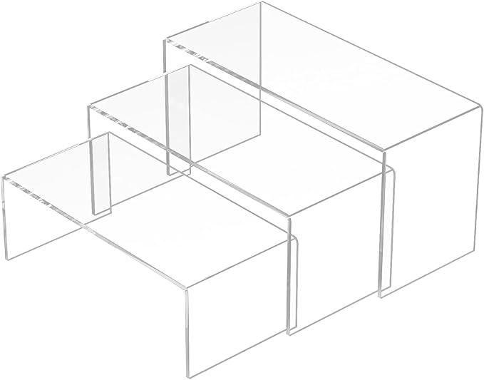 Sezanrpt 8.5x9x9.5 Inch Acrylic Risers Display Stands 3pcs, Rectangular Display Risers 3 Steps, Clear Acrylic Stand for Brand Store, Retails