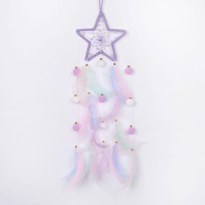 Pretty Jolly Purple Star Kids Dream Catcher Wall Decor Pompom Feather Baby Dreamcatcher Handmade Children Dream Catcher Home Décor Wall Hanging for Nursery Bedroom Boys Girls Birthday Gift-25.6in