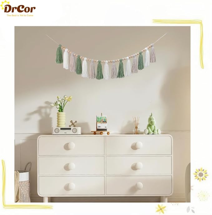 DrCor Sage Green Tassel Garland – Boho Classroom Decor, Bulletin Board Decorations, Nursery Wall Hanging, Neutral Kids Room Decor, Baby Shower, Back to School Banner