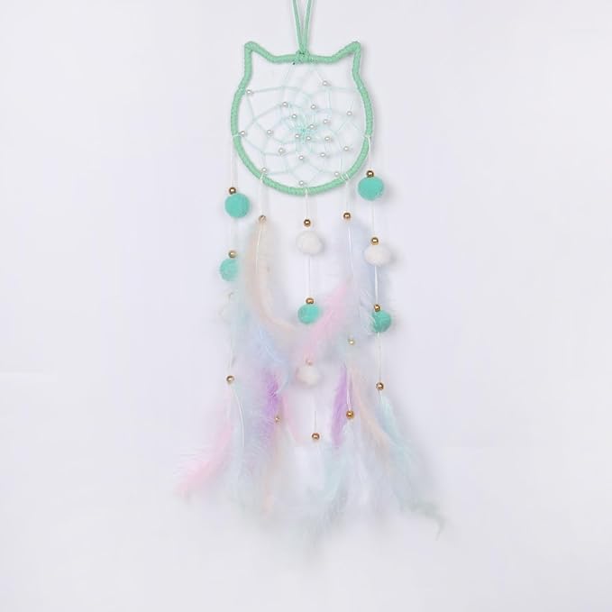 Pretty Jolly Green Cat Kids Dream Catcher Wall Decor Pompom Feather Baby Dreamcatcher Handmade Children Dream Catcher Home Décor Wall Hanging for Nursery Bedroom Boys Girls Birthday Gift-25.6in