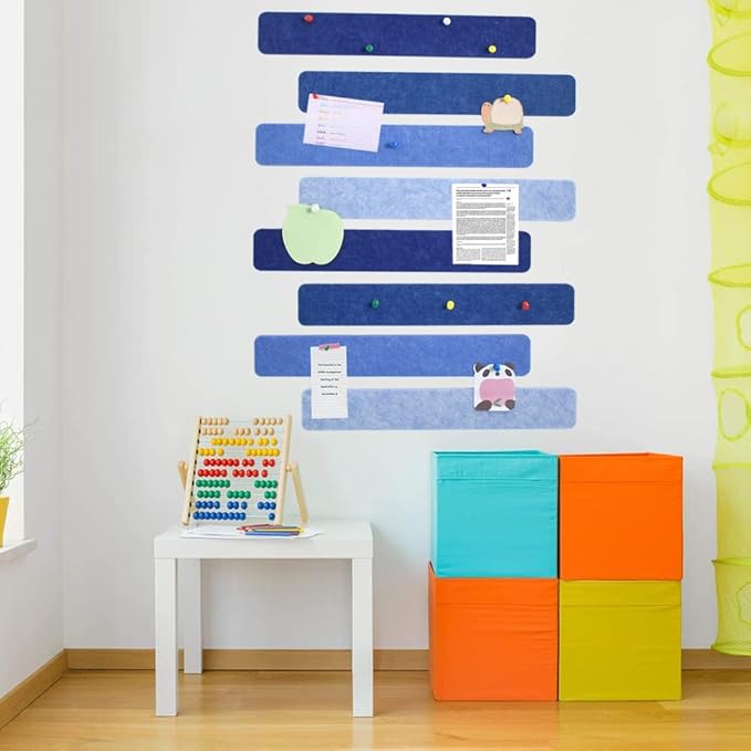 Vuzvuv 8 pcs Bulletin Board Bar Strips with 50 Pushpins & 10 Wooden Clip pins，Self Adhesive Cork Board for Wall，Felt Pin Board for School，Office Decor(Blue)