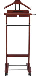 Suit Valet Stand Reddish Orange, Freestanding Clothes Rack with Wheels & Drawers, Solid Birch Wood, 66lbs Capacity, for Bedroom Hotel Entryway