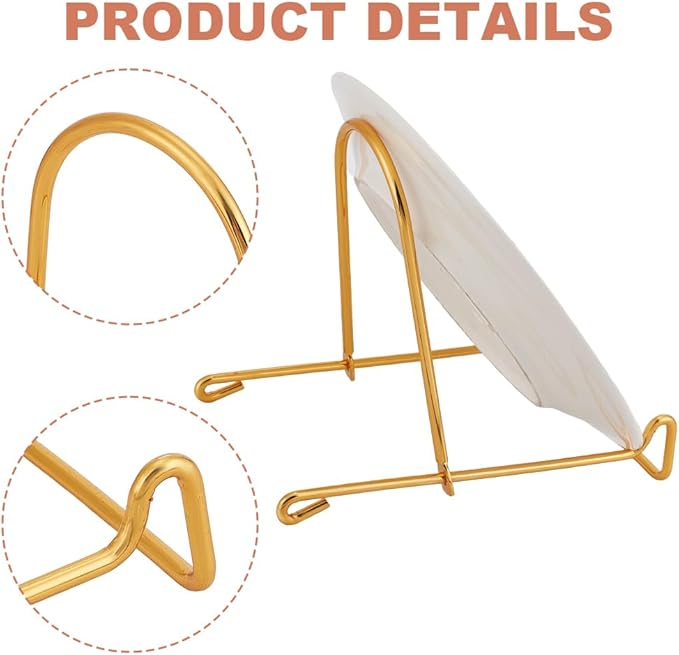 4 Packs Iron Display Stand Ornaments Display Dish Holder Bowl Deep Platter Rack Decorative Plates Easel Tabletop Showcase Stands Gold Iron Easels for Display Pictures, Book