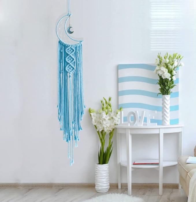 Dream Catchers Moon Dream Catcher with Light, Blue Dream Catcher for Girls Room Wall Decor for Women, Macrame Dreamcatcher Boho Bedroom Decor for Teen Girls Boys for Mom Room Decor