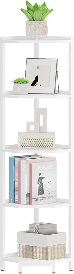 Hzuaneri Corner Shelf Stand, Corner Bookshelf, Storage Standing Shelf Unit with Metal Frame, Plant Stand, Bookcase for Living Room, Home Office, Bedroom, 5-Tier White CS05913W